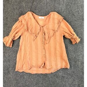 Discoat Textured Peach Blouse Oversized Ruffle Collar Button Front Top